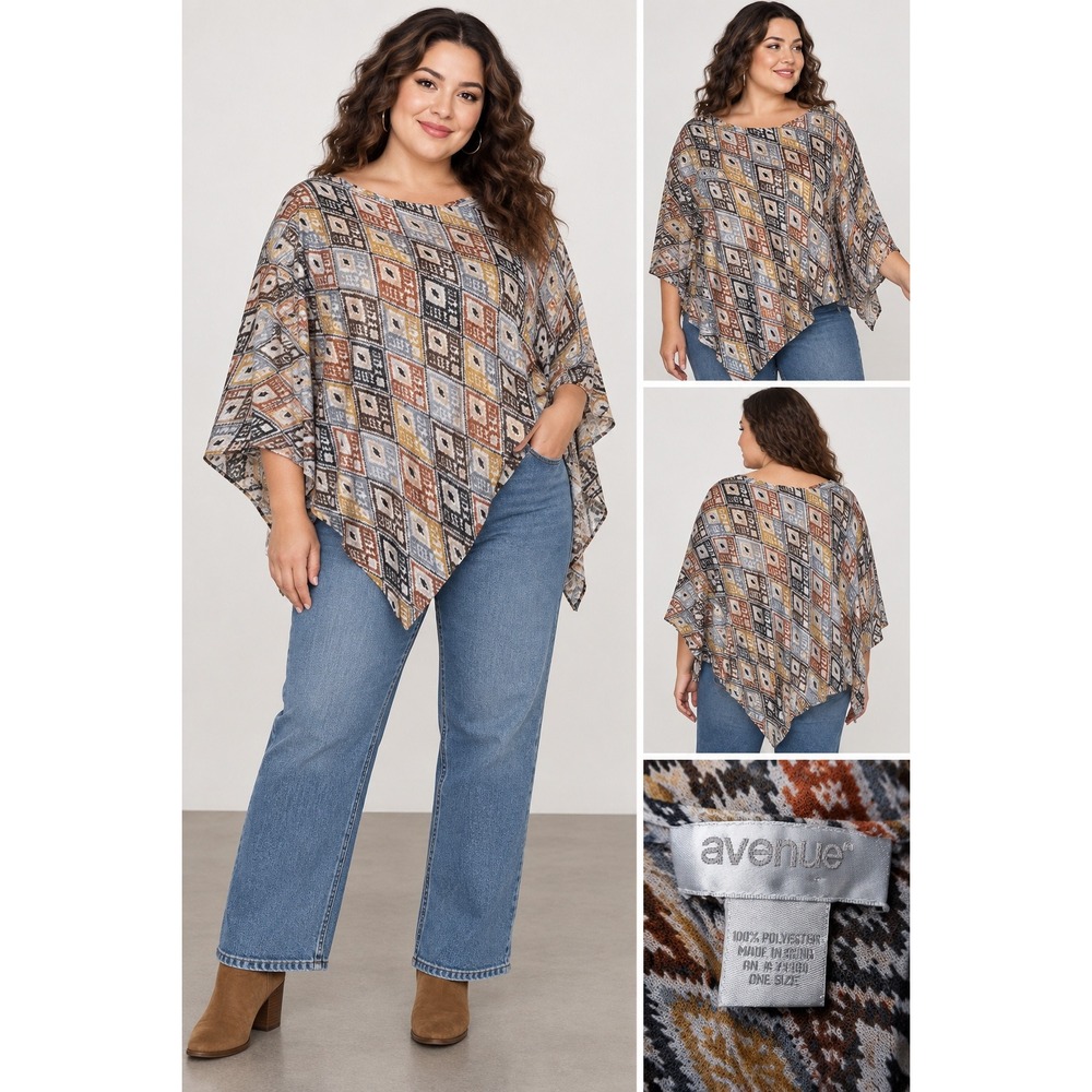 Avenue Geometric Diamond Print Poncho Wrap One Size Multicolor Lightweight